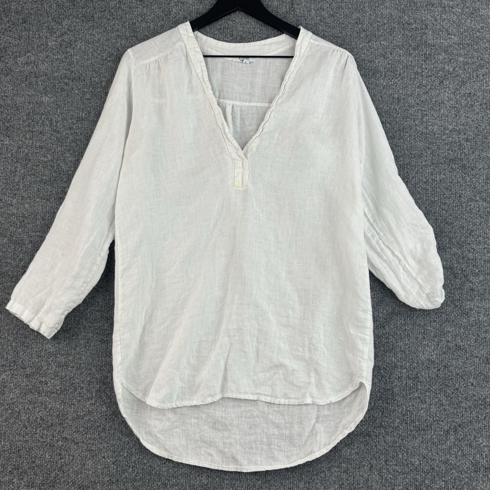 Rosemarine Tunic Womens S White 100% Linen V Neck Roll Tab Sleeve Made Italy